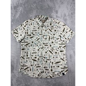 LL Bean Shirt Mens Large White Short Sleeve Kayak Fishing All Over Print Button